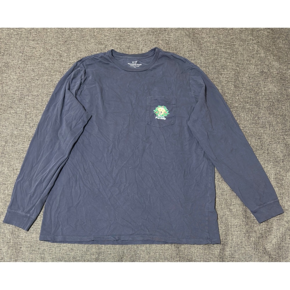 Vineyard Vines Mens XL LS T-Shirt Happy Holidays Golden Retriever Pocket